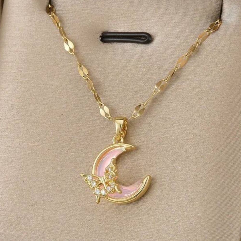 18K Gold Crescent Moon W/ Butterfly Necklace Rose Quartz Pave Diamond Accent